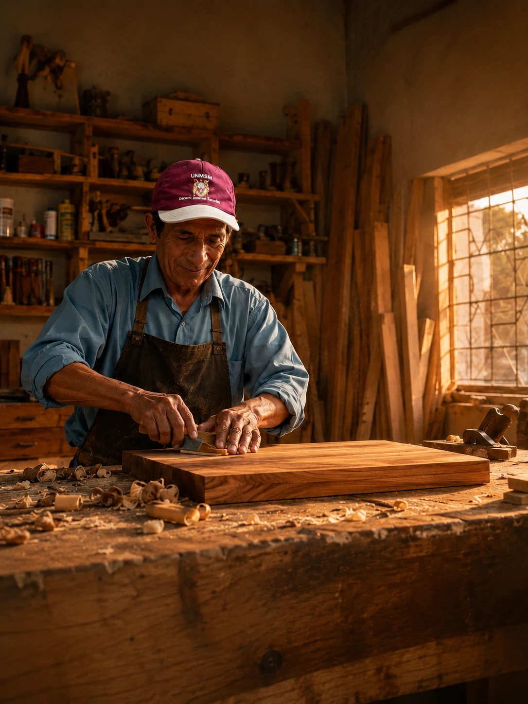 Artesano lijando una tabla de madera en el taller, entre virutas, herramientas y tablones apilados.